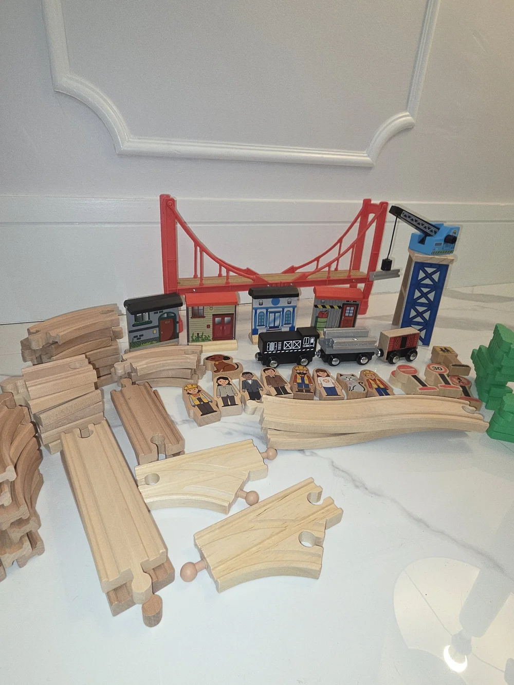 Wooden Train Set with Bridge and Crane - Multi-Color Kids Toy
